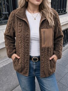 SHEIN LUNE Plus Size Casual Baggy Western Smart Reversible Fleece Patchwork Jacket For Winter Winter Clothes Club Office Teacher Brown - Coffee Brown - View 4