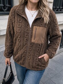 SHEIN LUNE Plus Size Casual Baggy Western Smart Reversible Fleece Patchwork Jacket For Winter Winter Clothes Club Office Teacher Brown - Coffee Brown - View 2