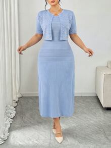 Modelyn Plus Size Soft Hollow Knit Dress And Faux Pearl Decorated Knit Cardigan Set - Baby Blue - View 4