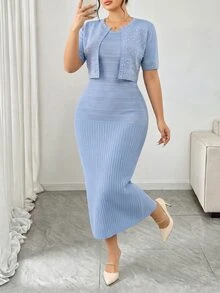 Modelyn Plus Size Soft Hollow Knit Dress And Faux Pearl Decorated Knit Cardigan Set - Baby Blue - View 5