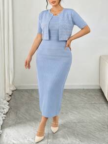 Modelyn Plus Size Soft Hollow Knit Dress And Faux Pearl Decorated Knit Cardigan Set - Baby Blue - View 6