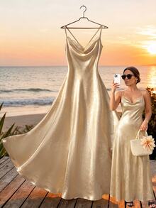 GlowEve CURVE Elegantes Damen-Cami-Kleid in Große Größen aus glänzendem Stoff mit Spitzen-Patchwork-Design, Wasserfall-Ausschnitt, für Hochzeit, Brunch, formelle Cocktailparty, Weiß, zartes Gelb, Sommer - Gold - Übersicht 9