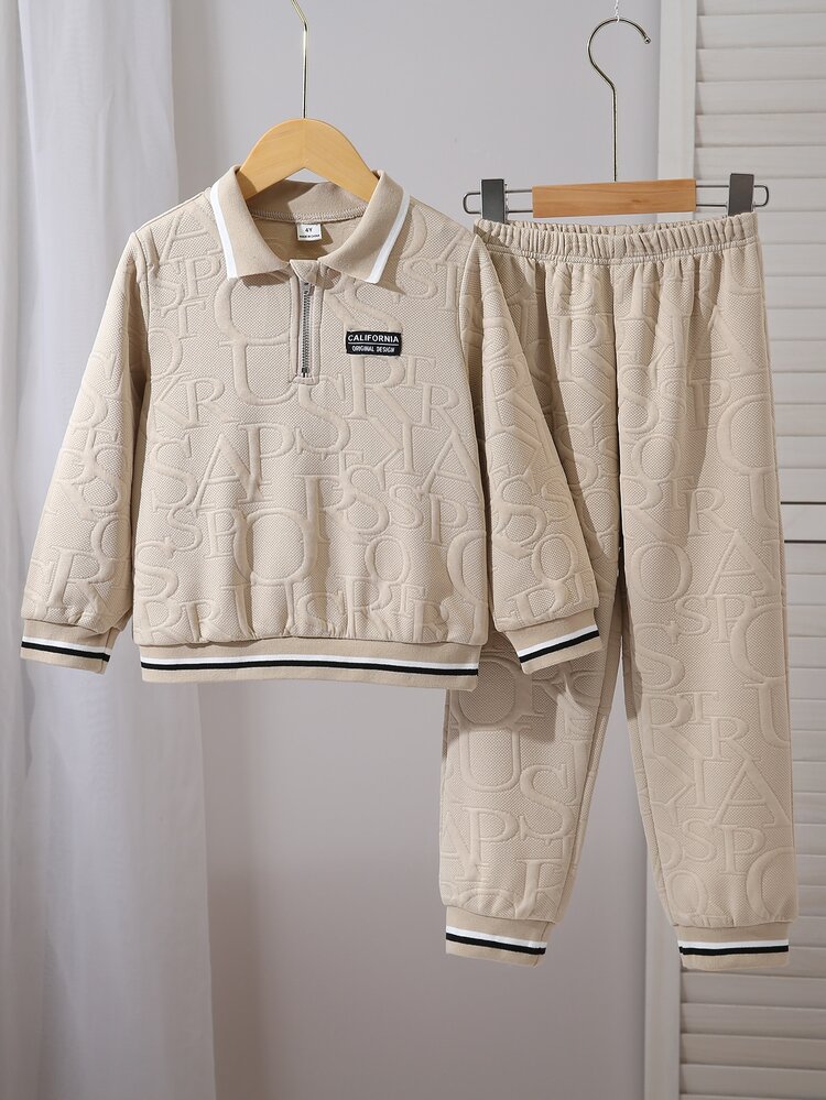Boys' Fashion Polo Collar Casual Sweatshirt & Pants Set, Suitable For Daily Wear, Casual Outings, Sports And Various Occasions, Spring/Autumn Outfit, Sweatshirt Set, Boys' Set - Khaki - View 8