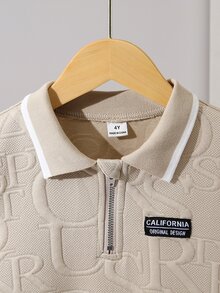 男童時尚 Polo 領休閒衛衣與長褲套裝，適合日常穿著、休閒外出、運動及各種場合，春秋套裝，衛衣套裝，男童套裝 - 卡其色 - 查看 7