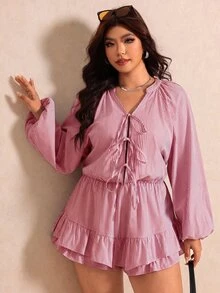 Elaquor Plus Size Vacation Casual Striped Ruffle Romper Fall - Red - View 6