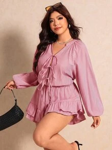 Elaquor Plus Size Vacation Casual Striped Ruffle Romper Fall - Red - View 5