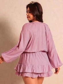 Elaquor Plus Size Vacation Casual Striped Ruffle Romper Fall - Red - View 2