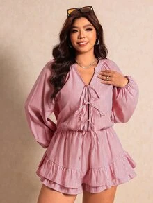 Elaquor Plus Size Vacation Casual Striped Ruffle Romper Fall - Red - View 4