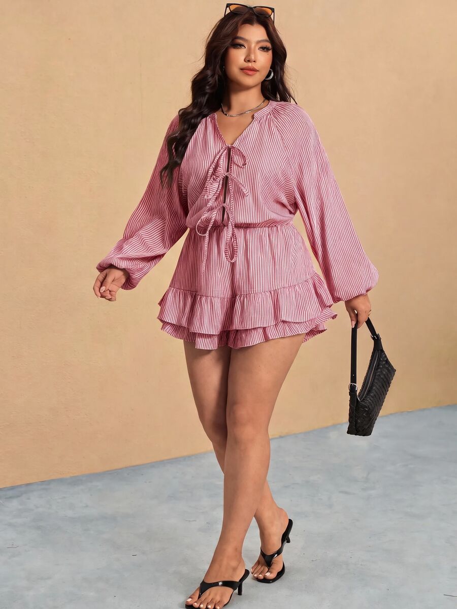 Elaquor Plus Size Vacation Casual Striped Ruffle Romper Fall - Red - View 1