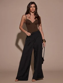 SHEIN BAE 女款性感可調節細肩帶純色緊身抹胸連身衣，適合日常穿著、派對、戶外活動、通勤、街頭風、度假 - 咖啡棕 - 查看 6