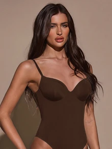 SHEIN BAE 女款性感可調節細肩帶純色緊身抹胸連身衣，適合日常穿著、派對、戶外活動、通勤、街頭風、度假 - 咖啡棕 - 查看 4