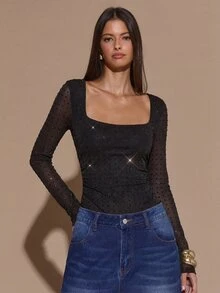 SHEIN BAE 女士优雅连体衣，饰有水钻，适合夜店、派对、鸡尾酒会、浪漫约会、秋冬叠穿、万圣节、圣诞节等场合。 - 黑色 - 查看 4