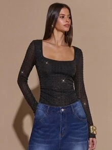 SHEIN BAE 女士优雅连体衣，饰有水钻，适合夜店、派对、鸡尾酒会、浪漫约会、秋冬叠穿、万圣节、圣诞节等场合。 - 黑色 - 查看 5