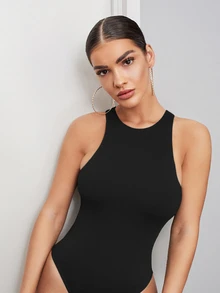 SHEIN BAE Solid Tank Bodysuit Halloween - Black - View 4