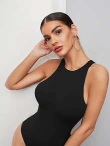 SHEIN BAE Solid Tank Bodysuit Halloween - Black - View 6
