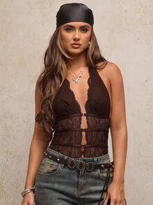 SHEIN BAE Women's Deep V-Neck Lace Slit Design Sexy Fashion Halter Bodysuit Halloween - Coffee Brown - View 5