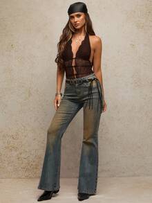 SHEIN BAE Women's Deep V-Neck Lace Slit Design Sexy Fashion Halter Bodysuit Halloween - Coffee Brown - View 3