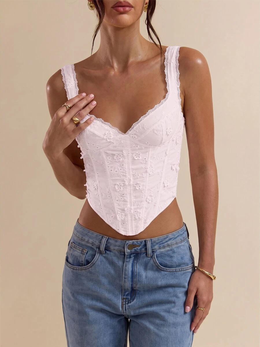 SHEIN BAE 白色 3D 花卉刺绣紧身吊带背心、女式短款上衣、白色紧身胸衣 - 珊瑚粉 - 查看 1