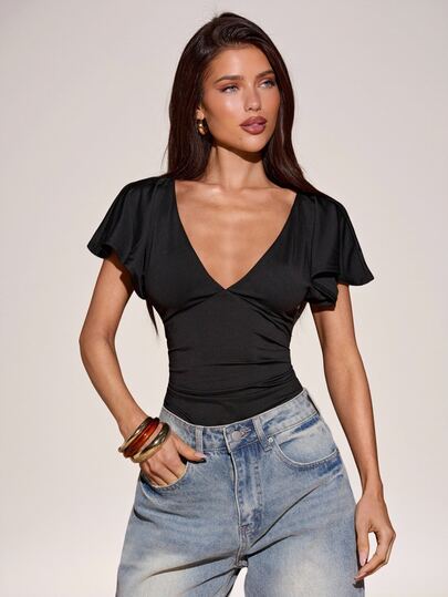 SHEIN BAE Autumn/Winter Solid Black Deep V-Neck Short Sleeve Women's Fitted Elegant Bodysuit