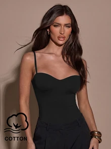 SHEIN BAE 女款純色時尚細肩帶連身內衣，黑色性感夏季夜店外穿萬聖節造型 - 黑色 - 查看 1