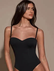 SHEIN BAE 女款純色時尚細肩帶連身內衣，黑色性感夏季夜店外穿萬聖節造型 - 黑色 - 查看 7