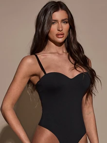 SHEIN BAE 女款純色時尚細肩帶連身內衣，黑色性感夏季夜店外穿萬聖節造型 - 黑色 - 查看 6