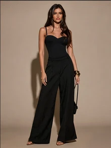 SHEIN BAE 女款純色時尚細肩帶連身內衣，黑色性感夏季夜店外穿萬聖節造型 - 黑色 - 查看 5