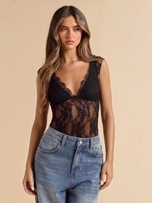 SHEIN BAE 女士纯黑色蕾丝透视深 V 领吊带背心，春夏 - 黑色 - 查看 4
