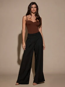 SHEIN BAE 女款純色性感時尚細肩帶連身內衣，巧克力棕色，適合夏日夜生活 - 棕色 - 查看 8
