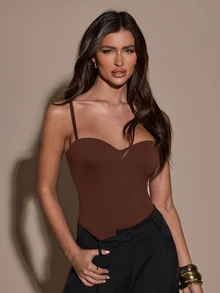 SHEIN BAE 女款純色性感時尚細肩帶連身內衣，巧克力棕色，適合夏日夜生活 - 棕色 - 查看 7