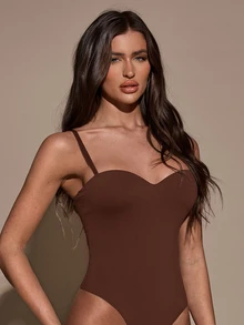 SHEIN BAE 女款純色性感時尚細肩帶連身內衣，巧克力棕色，適合夏日夜生活 - 棕色 - 查看 6