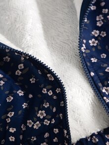 SHEIN 女童 2025 冬季新款復古卡其色花卉保暖內裡拉鍊連帽外套，彈性腰圍，加厚保暖，適合戶外、秋冬穿著 - 藏蓝色 - 查看 6