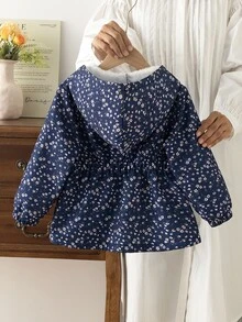 SHEIN 女童 2025 冬季新款復古卡其色花卉保暖內裡拉鍊連帽外套，彈性腰圍，加厚保暖，適合戶外、秋冬穿著 - 藏蓝色 - 查看 3