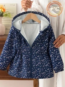 SHEIN 女童 2025 冬季新款復古卡其色花卉保暖內裡拉鍊連帽外套，彈性腰圍，加厚保暖，適合戶外、秋冬穿著 - 藏蓝色 - 查看 4