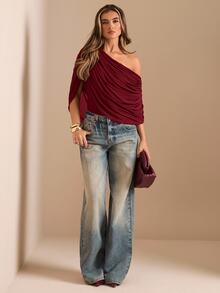 SHEIN BAE Autumn/Winter Solid Brown/Coffee Off Shoulder Ruched Bodysuit, Tight-Fitting Elegant Bodysuit, Draped Top - Burgundy - View 5