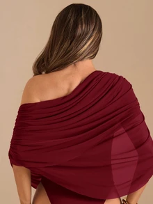 SHEIN BAE Autumn/Winter Solid Brown/Coffee Off Shoulder Ruched Bodysuit, Tight-Fitting Elegant Bodysuit, Draped Top - Burgundy - View 2