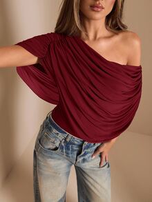 SHEIN BAE Autumn/Winter Solid Brown/Coffee Off Shoulder Ruched Bodysuit, Tight-Fitting Elegant Bodysuit, Draped Top - Burgundy - View 7