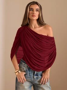 SHEIN BAE Autumn/Winter Solid Brown/Coffee Off Shoulder Ruched Bodysuit, Tight-Fitting Elegant Bodysuit, Draped Top - Burgundy - View 4