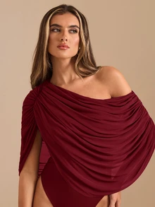 SHEIN BAE Autumn/Winter Solid Brown/Coffee Off Shoulder Ruched Bodysuit, Tight-Fitting Elegant Bodysuit, Draped Top - Burgundy - View 3