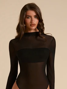 SHEIN BAE 1. 黑色圍裹式披肩優雅性感修身抓皺連身衣，透視網紗無袖優雅黑色連身衣，極簡時尚適合夜晚外出、約會之夜、夜店、秋季 - 黑色 - 查看 3