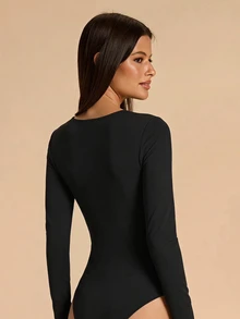 SHEIN BAE 春夏純黑色不對稱單肩長袖女款針織彈性修身連身衣，黑色連身衣，適合日常穿著、休閒穿著、休閒出遊、工作穿著、通勤穿著 - 黑色 - 查看 2