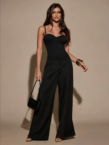 SHEIN BAE 女士纯色性感时尚吊带连体衣 - 黑色 - 查看 4