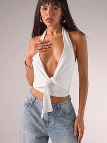 SHEIN BAE 女士酒红色纯色露背褶饰丝带休闲衬衫，适合约会之夜、夜间外出、外出、新年派对、圣诞节、下午茶、感恩节 - 白色 - 查看 6