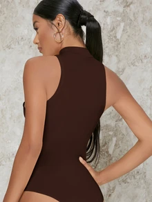 SHEIN BAE Ribbed Mock Neck Sleeveless Bodysuit - Coffee Brown - View 2