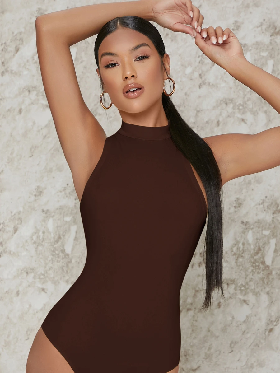 SHEIN BAE Ribbed Mock Neck Sleeveless Bodysuit - Coffee Brown - View 1