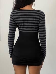 Jeanoix Gaun Mini Pas Badan Motif Garis-Garis Patchwork - MultiWarna - View 2