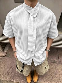 STEELVANCE 男士條紋梭織布短袖襯衫，領口附緞帶，半開襟，適合正式或休閒場合、度假、聚會、簡約辦公、居家休閒穿著，百搭風格，適合自穿或送禮給朋友，熱銷舒適布料襯衫 - 彩色 - 查看 5