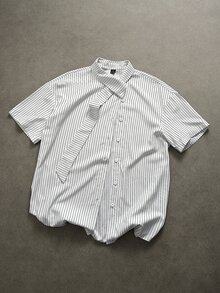 STEELVANCE 男士條紋梭織布短袖襯衫，領口附緞帶，半開襟，適合正式或休閒場合、度假、聚會、簡約辦公、居家休閒穿著，百搭風格，適合自穿或送禮給朋友，熱銷舒適布料襯衫 - 彩色 - 查看 4