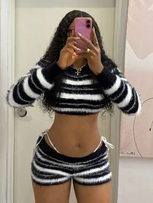 StreetHx 街頭風性感女款秋季黑白拼色 Y2K 寬鬆休閒百搭大廓型毛衣 2 件套，Afro 時尚夜店穿搭套裝 - 彩色 - 查看 6