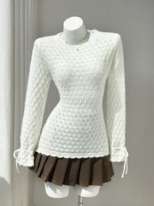 Elamini Sweater Rajut Pointelle Polos dengan Manset Tali Serut, Warna Putih, Cocok untuk Brunch, Musim Gugur, Romantis, Gaya Prancis, Elegan, untuk Sehari-hari, Kencan. - Putih - View 1